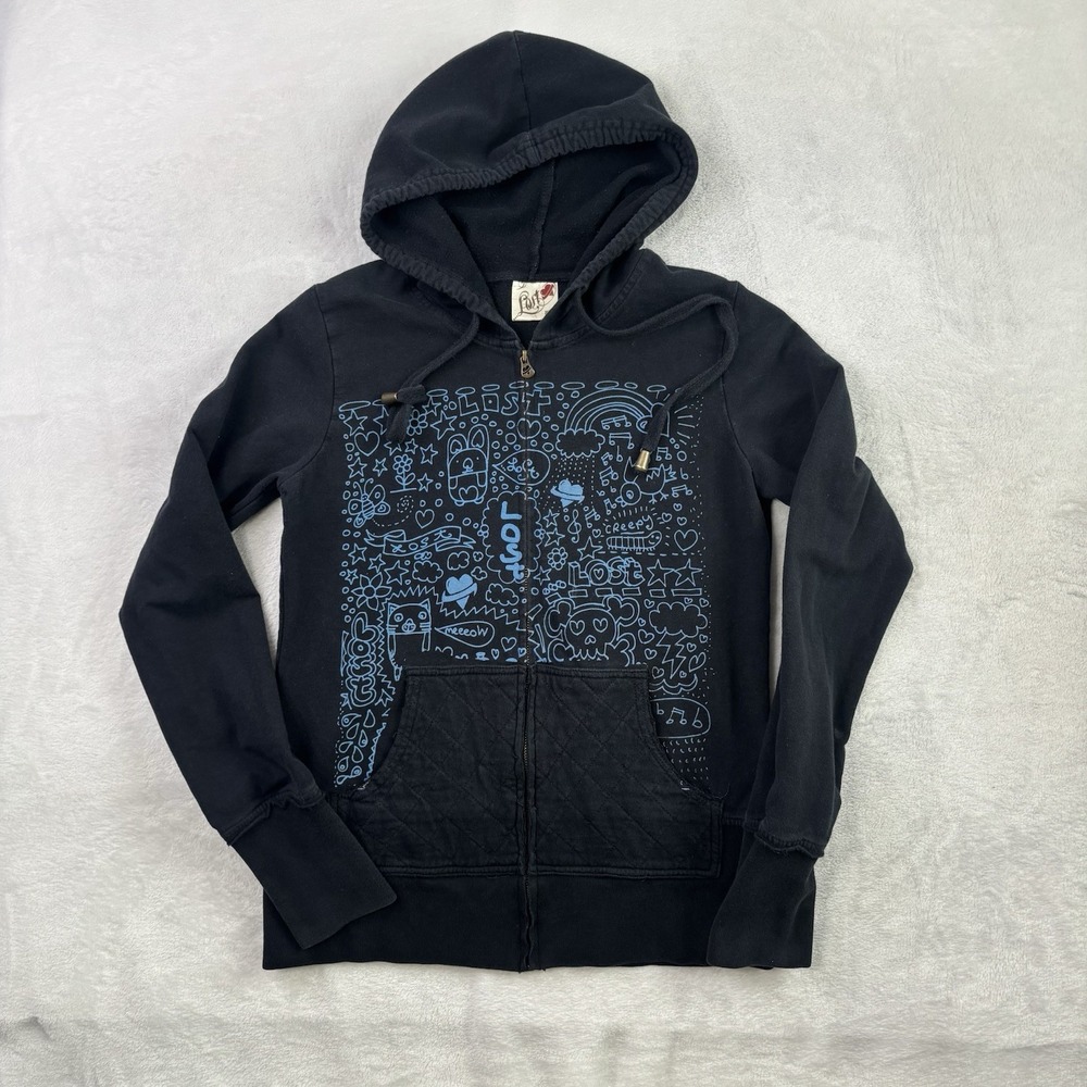 Y2K Lost Black Full Zip Long Sleeve Graphic Hoodie Women's Small